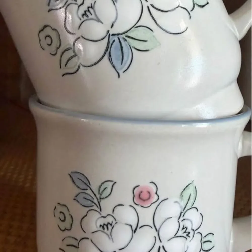 vintage set of floral cottage stoneware mugs